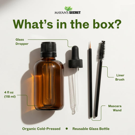 Mayan's Secret castor oil pour demonstrates easy, mess-free application for lashes and brows.