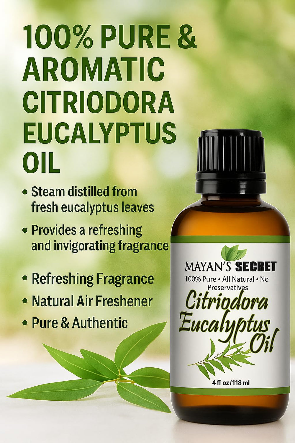 Mayan's Secret Citriodora Eucalyptus diffuser scene with refreshing aroma.