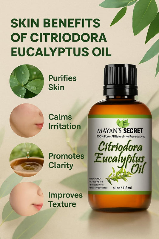 Mayan's Secret Citriodora Eucalyptus leaves highlight natural source.