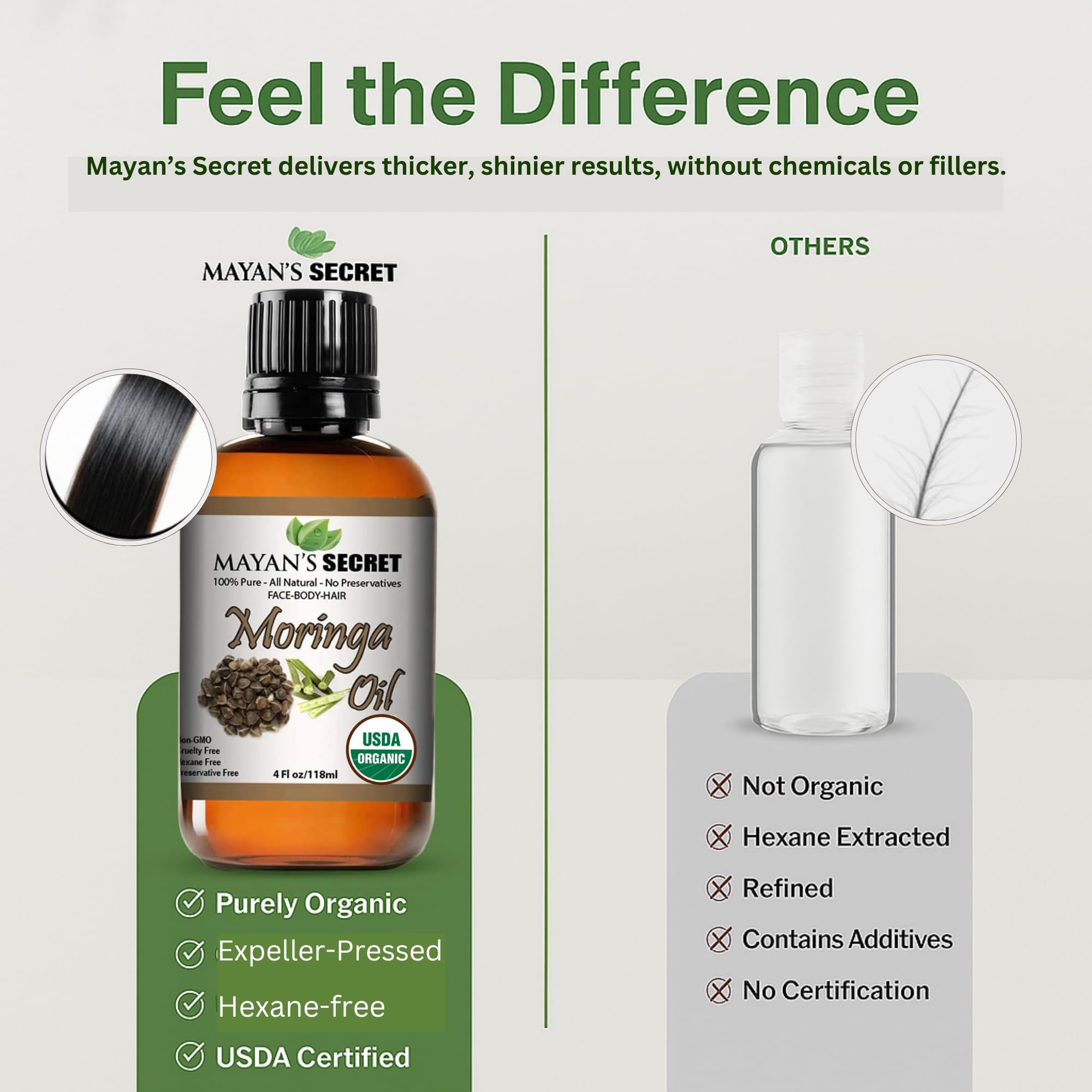 Mayan's Secret Moringa Energy Oil ingredients close-up showing simple formula.