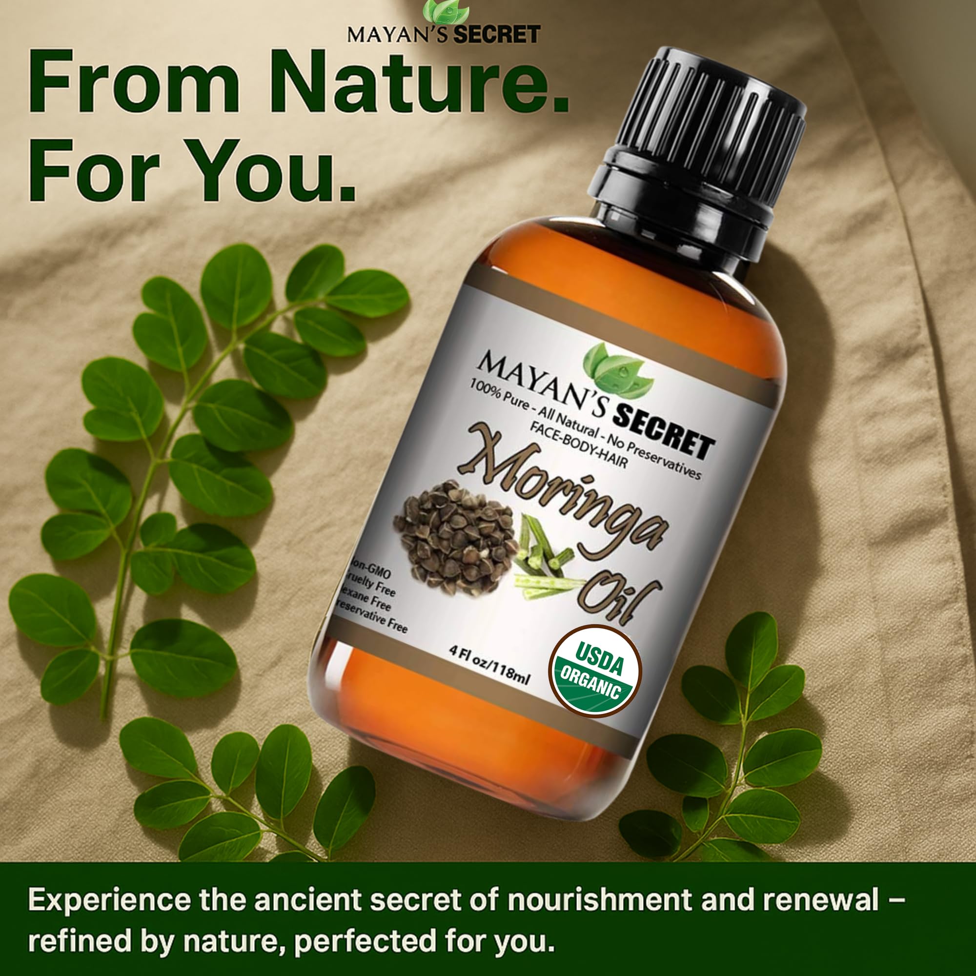 Mayan's Secret Moringa Energy Oil packaging with closed cap.