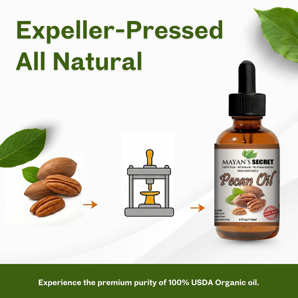 Silky texture of Mayan's Secret Pecan Oil ready for facial massage.