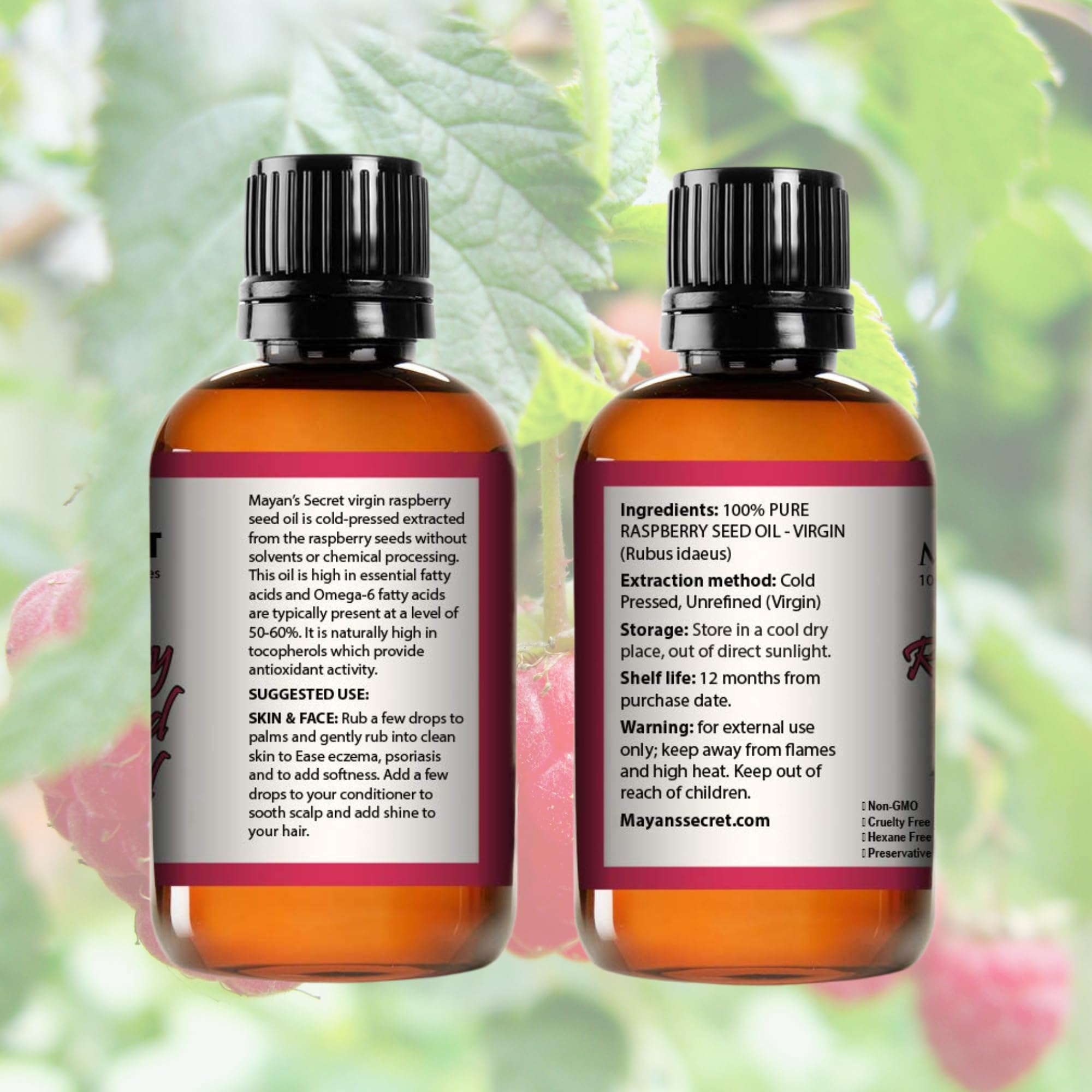 Mayans Secret Red Raspberry Seed Oil natural ingredients free of fillers.