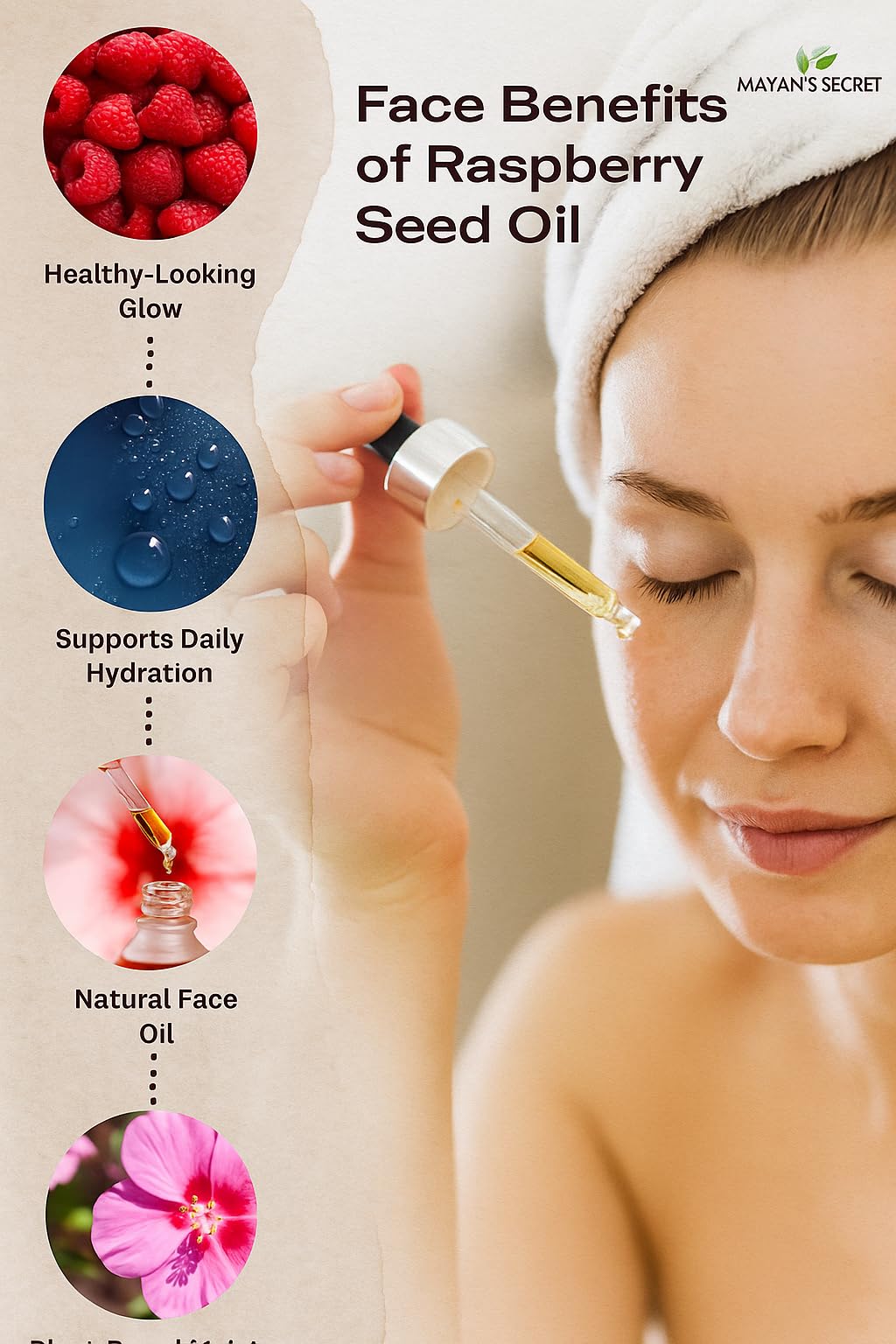 Mayans Secret Red Raspberry Seed Oil application on face for hydration.