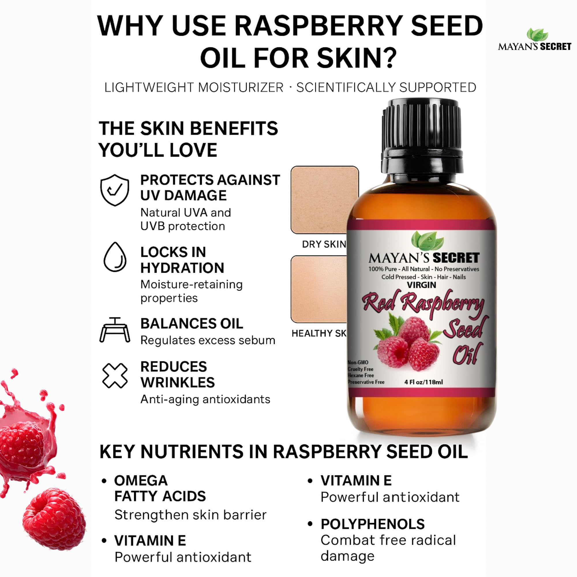 Mayans Secret Red Raspberry Seed Oil application on hair for shine.