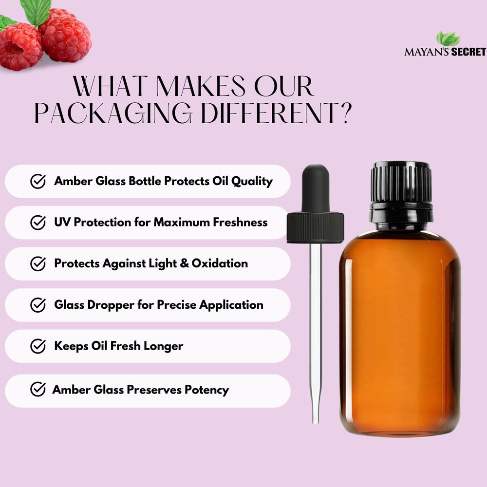 Mayans Secret Red Raspberry Seed Oil packaging and label overview.