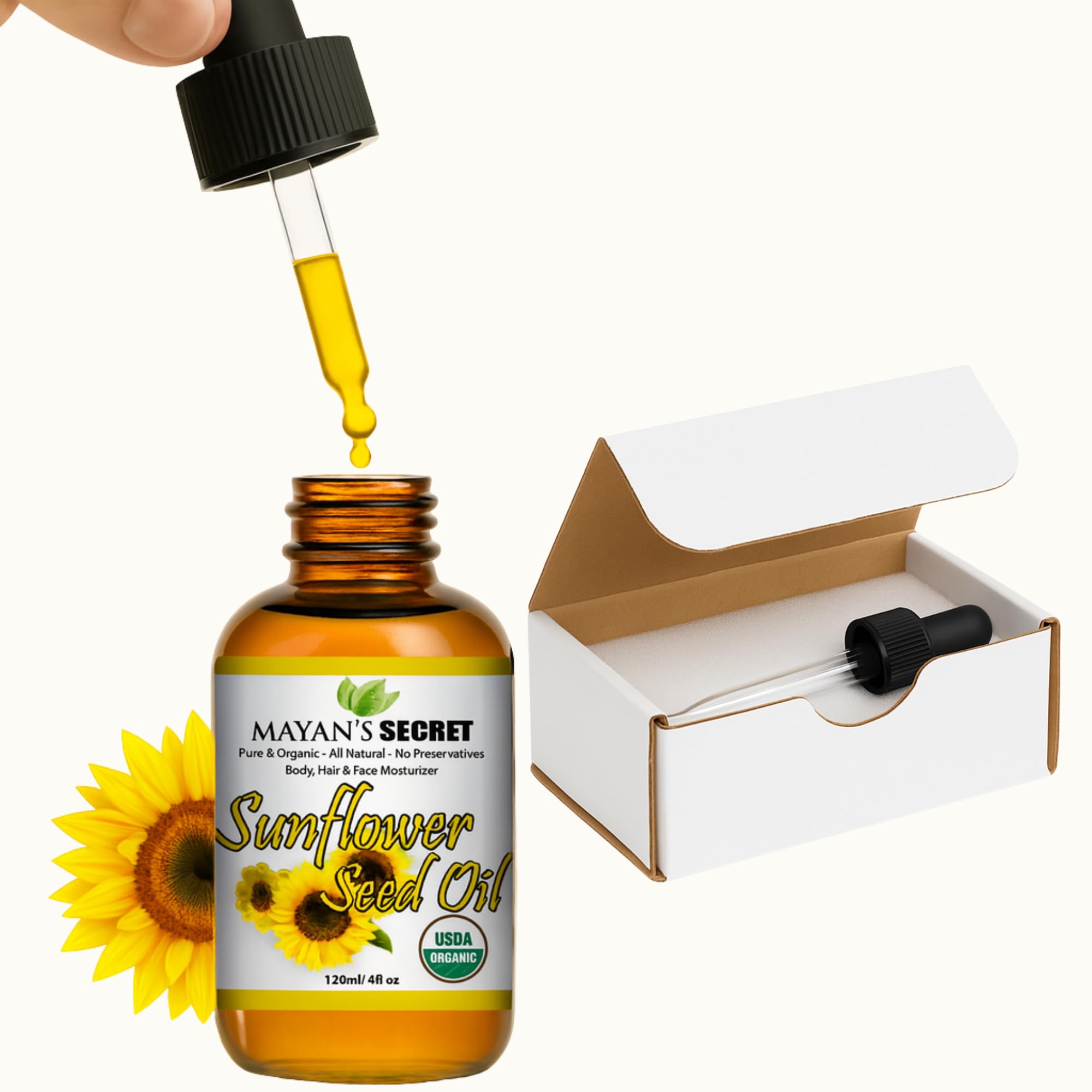 Mayan's Secret sunflower oil bottle full, nutrient-rich, pure carrier for skin.
