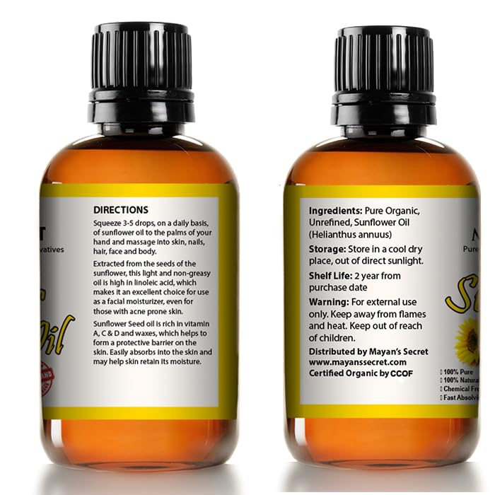 Amber bottle storage keeps Mayan's Secret sunflower oil fresh.