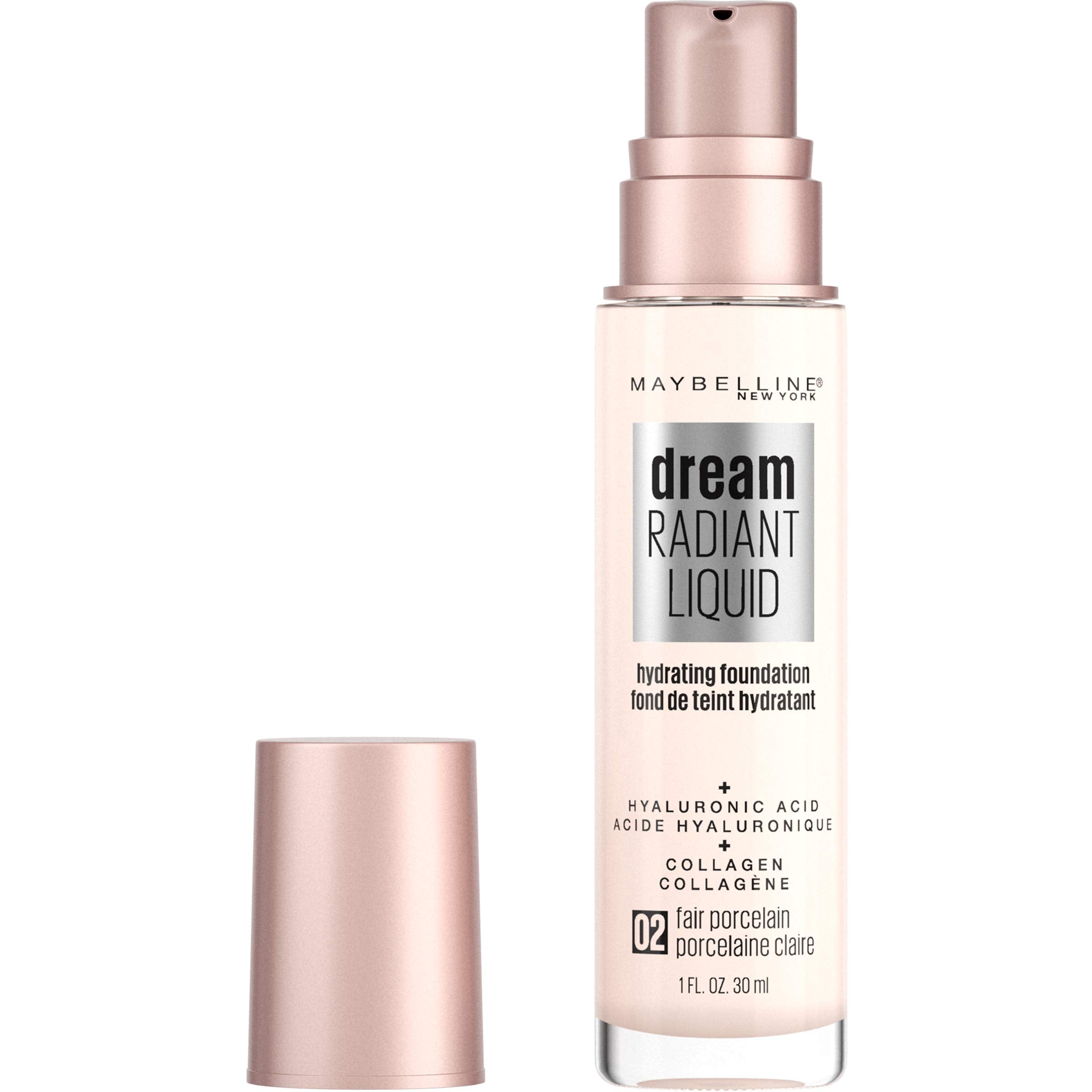 Maybelline Dream Radiant Liquid porcelain bottle highlights the hydrating formula for daily wear.