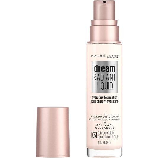 Maybelline Dream Radiant Liquid porcelain bottle highlights the hydrating formula for daily wear.