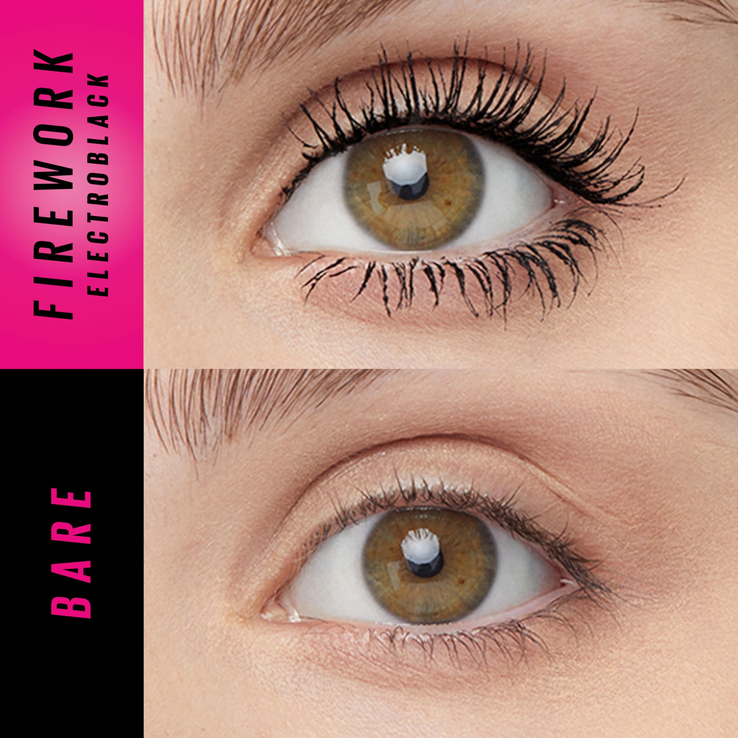 Maybelline Electro Black mascara wand gliding on for extra dark, high-shine lashes.