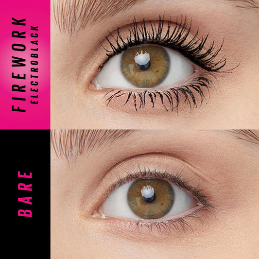 Maybelline Electro Black mascara wand gliding on for extra dark, high-shine lashes.