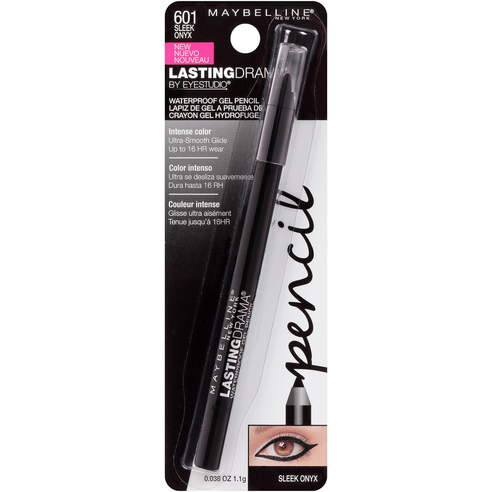 Maybelline Eyestudio Lasting Drama Onyx glide swatch highlights smooth application.