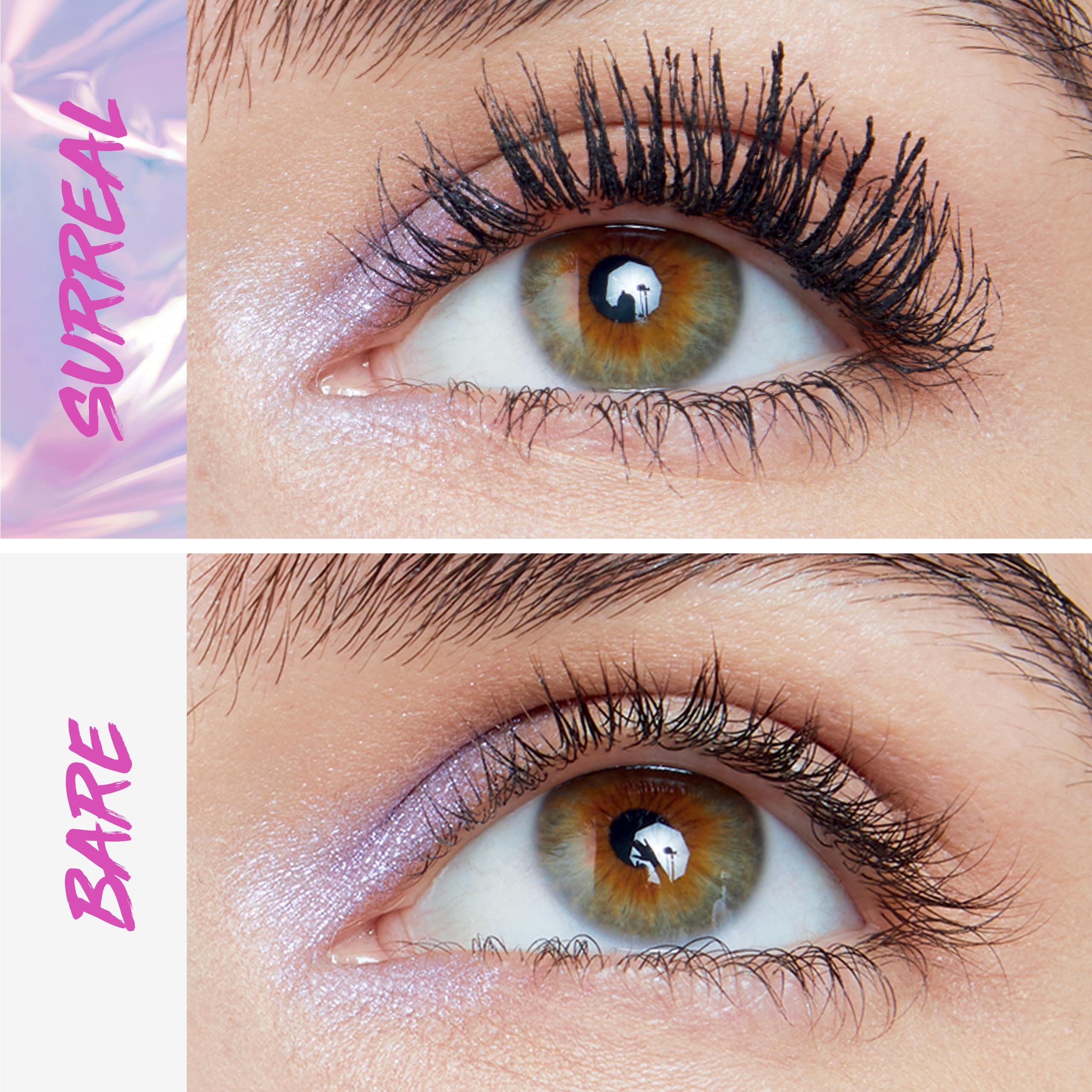 Maybelline Falsies Surreal Extensions mascara brush close-up delivering length from root to tip.