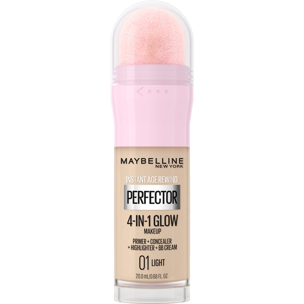 Maybelline Instant Perfector Glow bottle with built-in sponge for quick, even coverage.