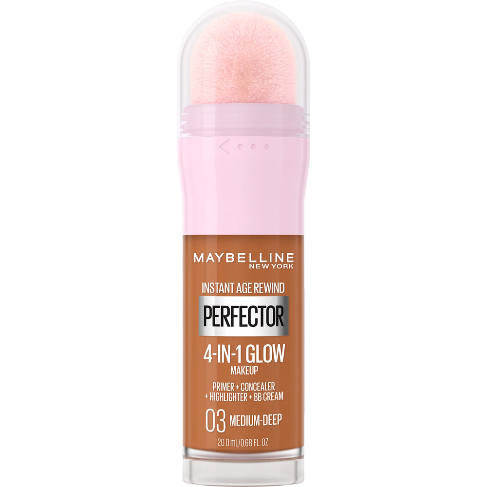 Maybelline Instant Age Rewind Glow bottle with sponge applicator for quick, even coverage.