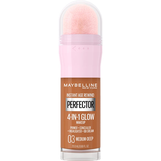Maybelline Instant Age Rewind Glow bottle with sponge applicator for quick, even coverage.