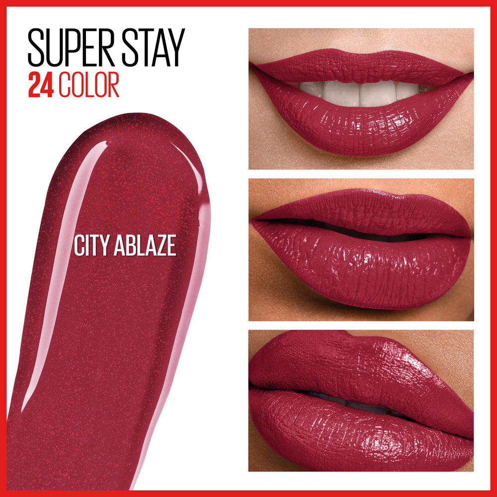 Maybelline Super Stay 24 liquid lipstick application, precisely lined lips with color payoff.
