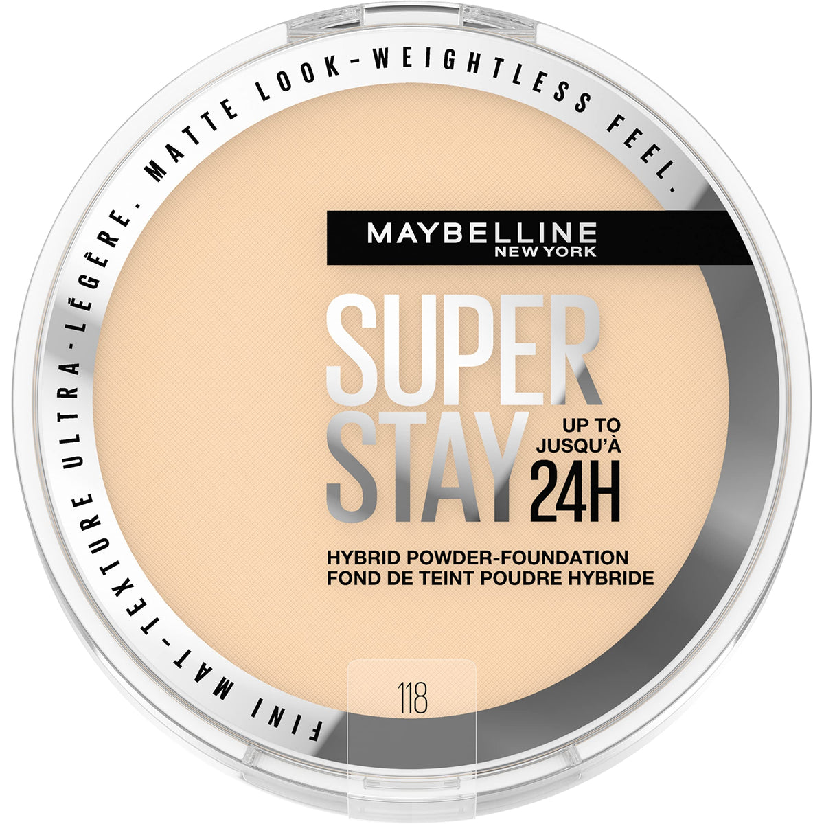 Maybelline Super Stay Hybrid Powder Foundation compact with soft matte finish for all-day coverage.