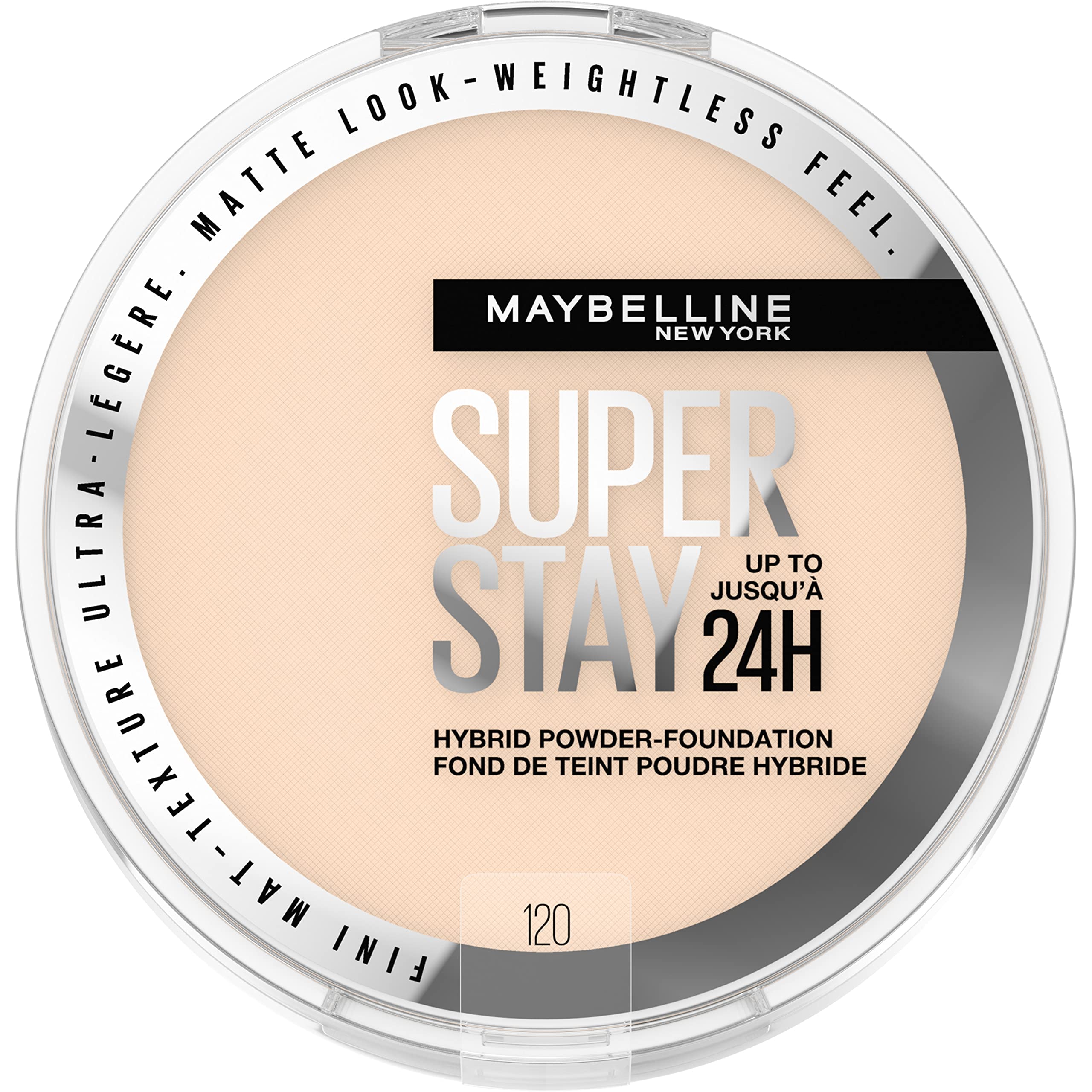 Maybelline Super Stay Hybrid Powder Foundation compact with matte finish for all-day wear.