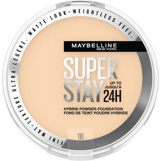 Maybelline Super Stay Hybrid Powder Foundation compact with soft matte finish for all-day coverage.