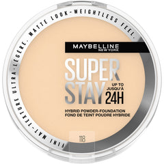 Maybelline Super Stay Hybrid Powder Foundation compact with soft matte finish for all-day coverage.