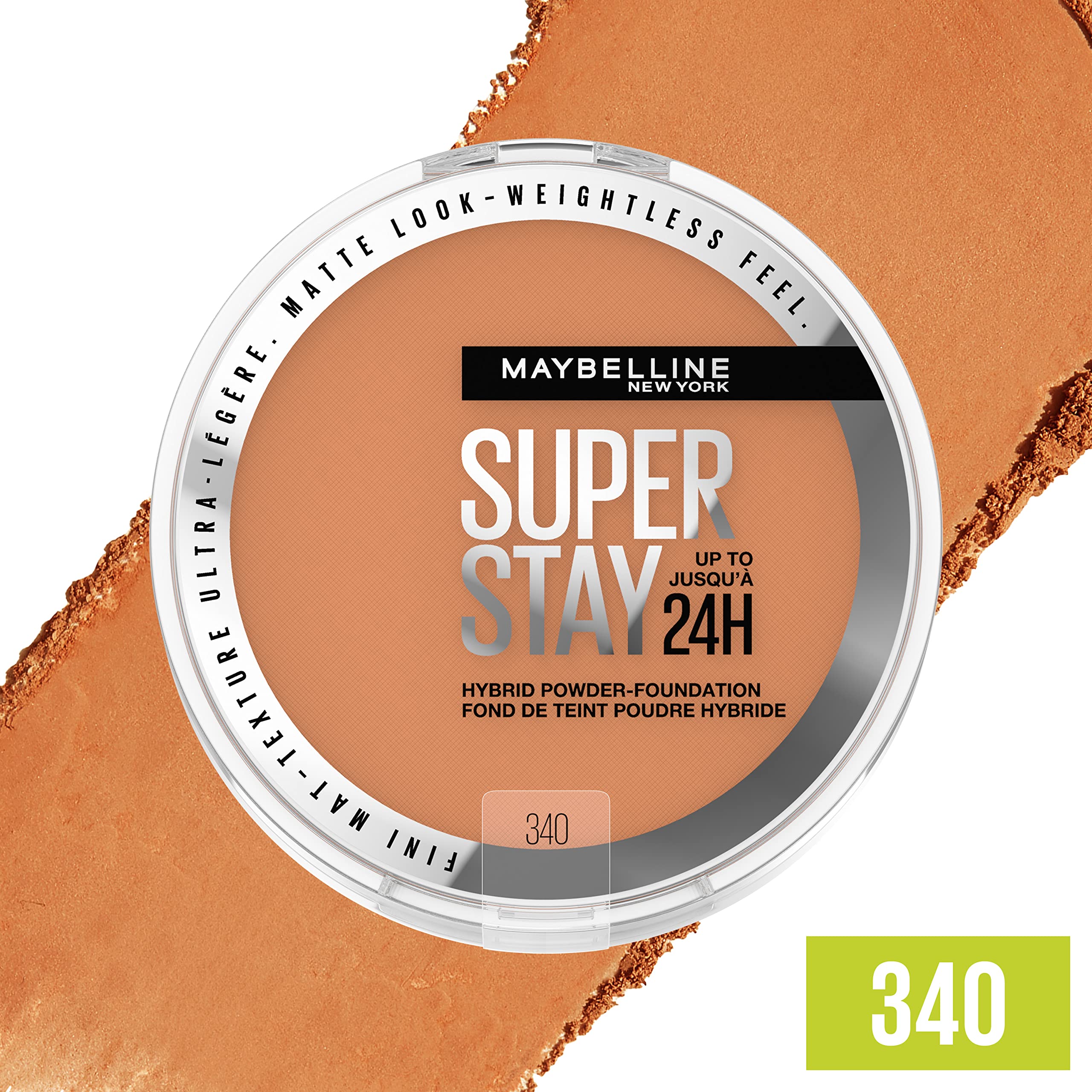 Shade 340 swatch on skin for warm, natural match with Maybelline Hybrid Powder Foundation.