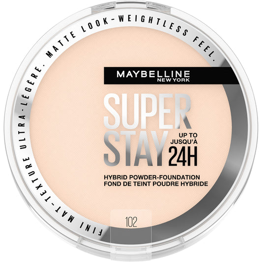 Maybelline Super Stay Hybrid foundation with soft matte finish for all-day wear.