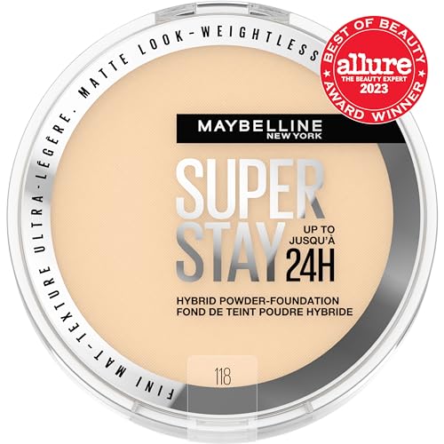 Maybelline Super Stay Hybrid Powder Foundation swatch showcases medium-to-full coverage.