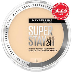 Maybelline Super Stay Hybrid Powder Foundation swatch showcases medium-to-full coverage.