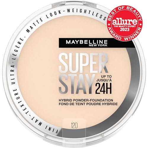 Maybelline Super Stay Hybrid Powder Foundation shade 120 swatches for color reference.