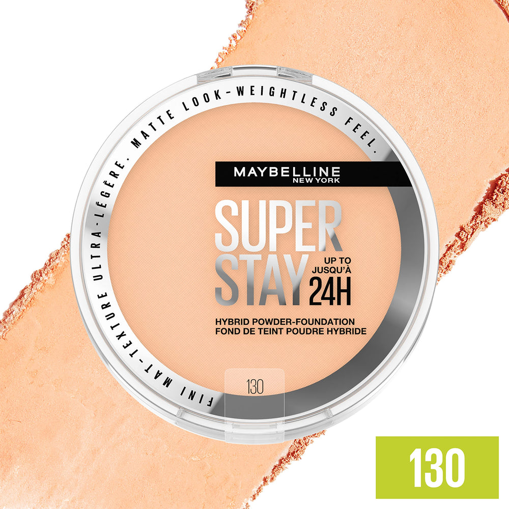 Maybelline Super Stay Hybrid Powder Foundation water-resistant protection all day.