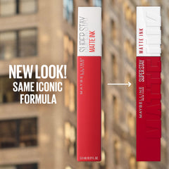 Maybelline Super Stay Matte Ink in Vixen on lips for a bold, long-lasting look.