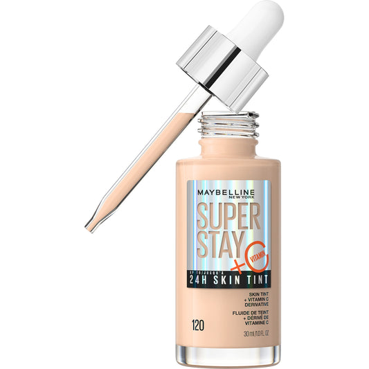 Maybelline Super Stay Skin Tint bottle showing vitamin C infusion for radiant skin