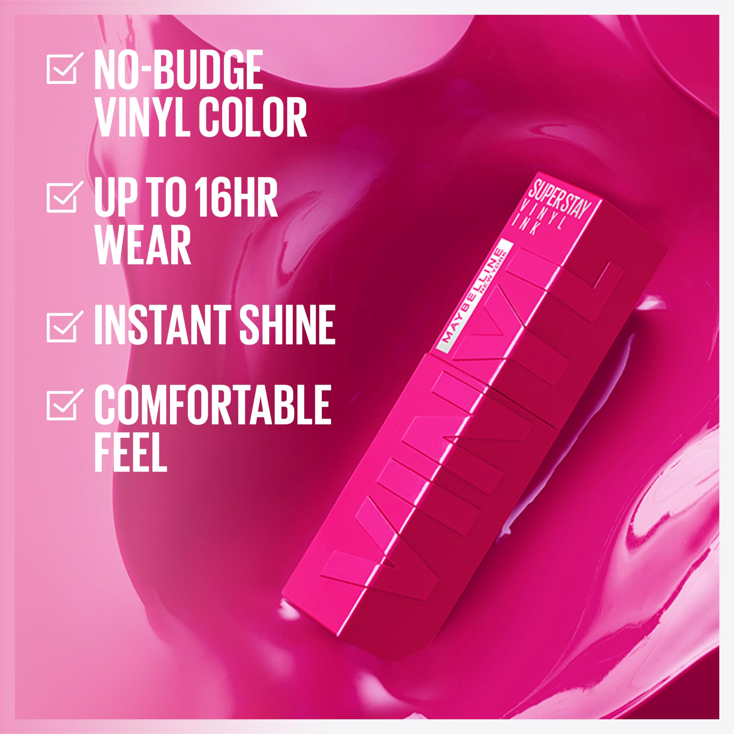 MAYBELLINE vinyl ink lip swatch displaying rich pigment and shine