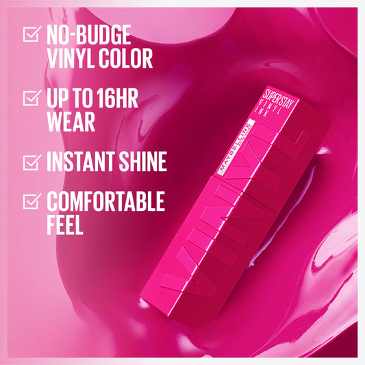 MAYBELLINE vinyl ink lip swatch displaying rich pigment and shine