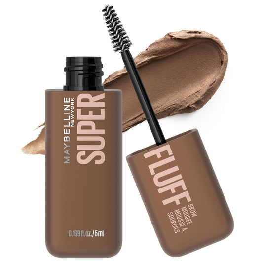 Maybelline Superfluff Brow Mousse packaging and fluff brush for easy, fluffy brows all day.