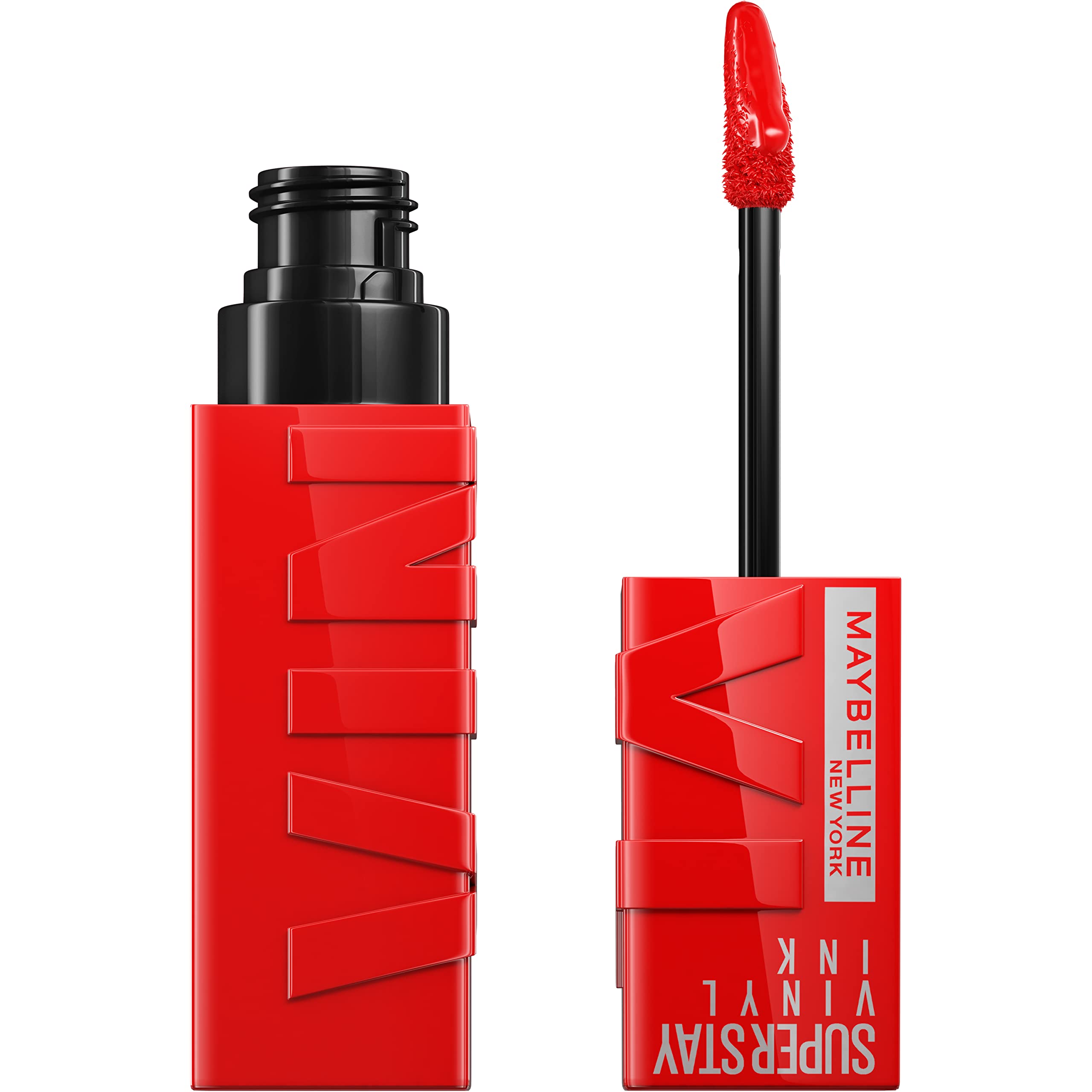 Maybelline Super Stay Vinyl Ink bottle showing bold fire-engine red lip color for statement looks