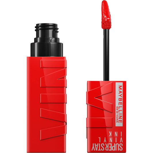Maybelline Super Stay Vinyl Ink bottle showing bold fire-engine red lip color for statement looks