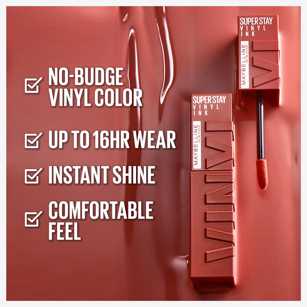 Maybelline Vinyl Ink swatches display vibrant range for bold lips.