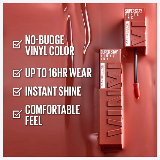 Maybelline Vinyl Ink swatches display vibrant range for bold lips.