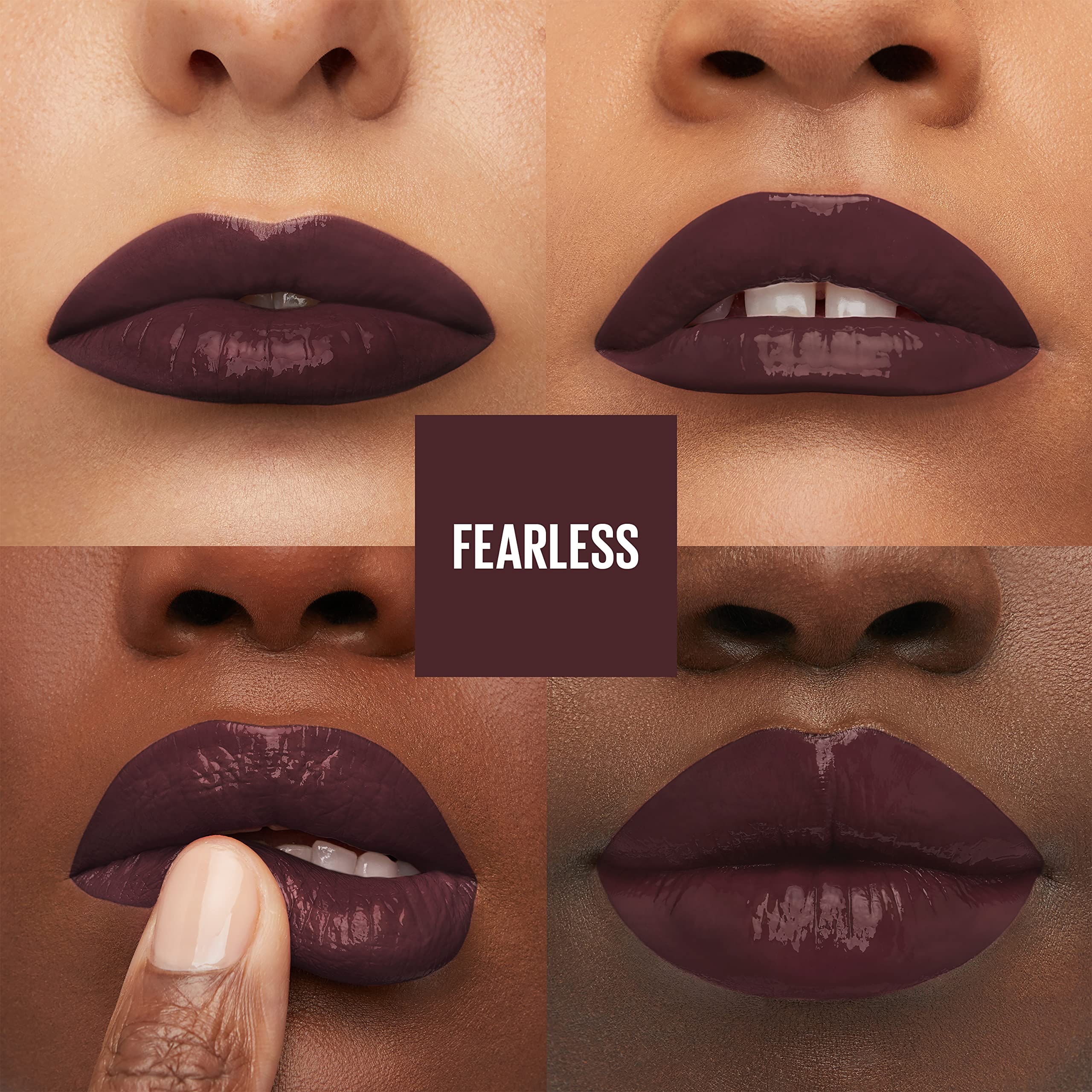 Maybelline Super Stay Vinyl Ink shade range swatch, from nude to bold colors.