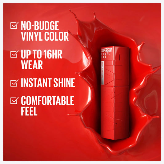 Maybelline Super Stay Vinyl Ink Wicked lipcolor on lips showing instant shine and color lock
