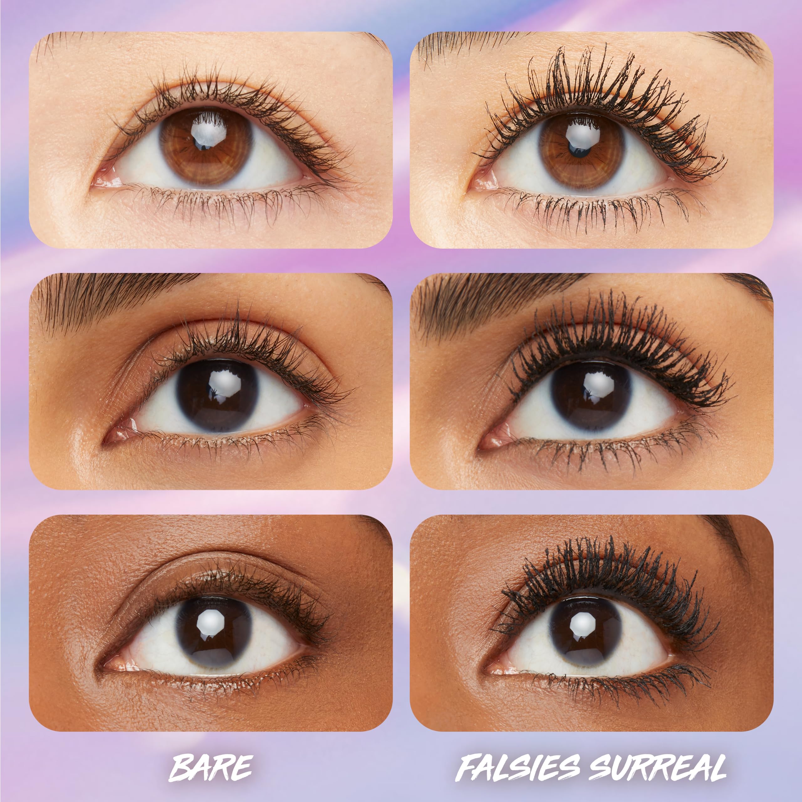 Maybelline Surreal Extensions mascara applied on lashes showing extended length and volume.