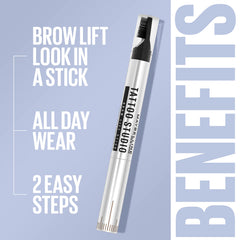 Maybelline TattooStudio Brow Lift Stick swatch shows deep brown tint blending with brow hairs