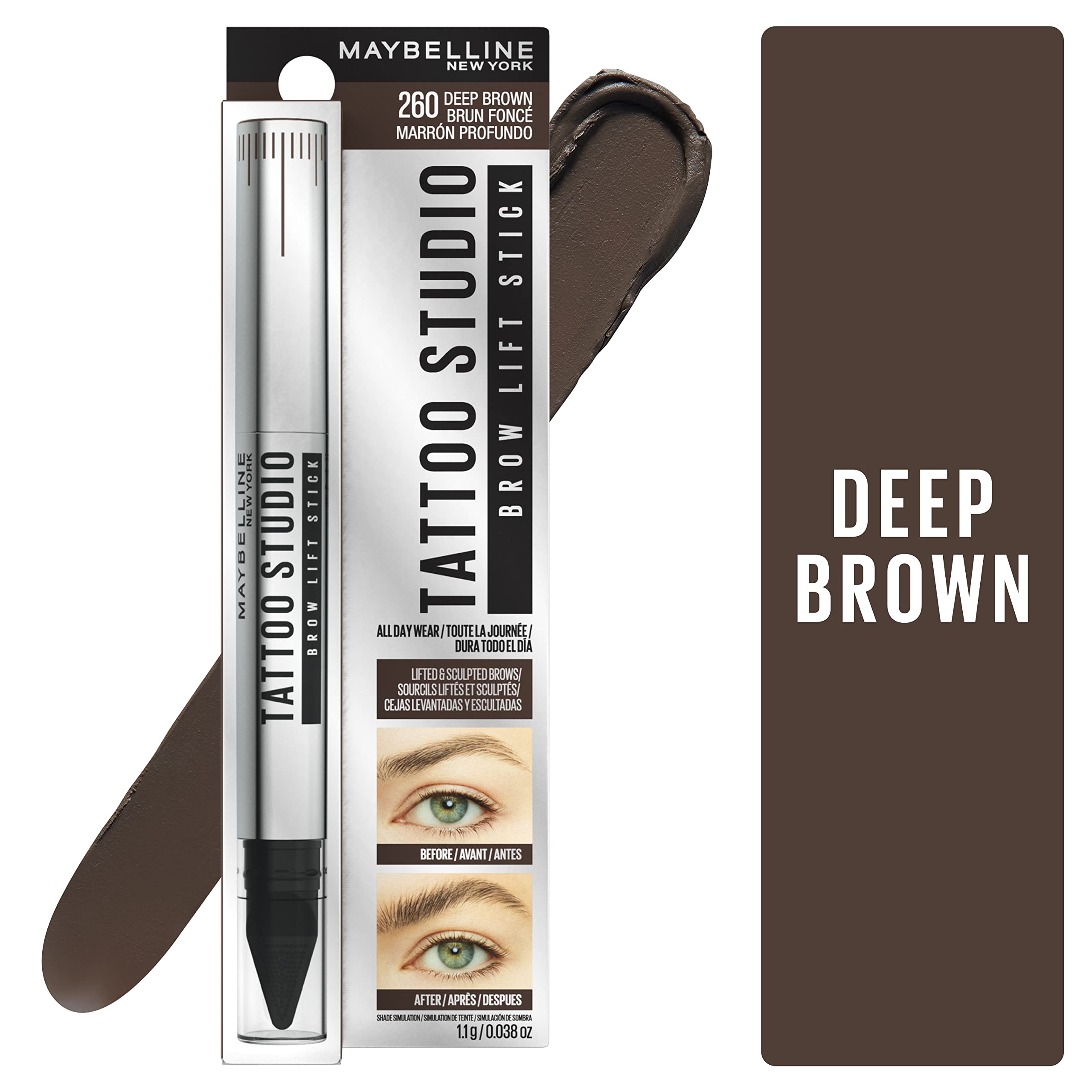 Maybelline TattooStudio Brow Lift Stick tinted wax formula for natural-looking lift