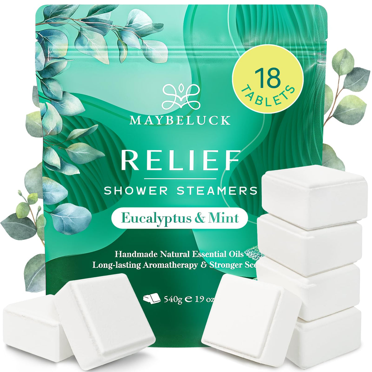 Maybeluck eucalyptus mint shower steamers in a box for a spa ritual.