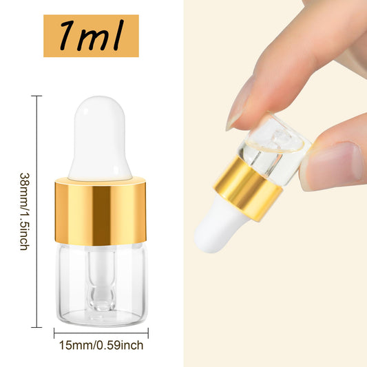 Maydeyy 1ml clear sample bottle dropper closeup showing leak-proof gold cap