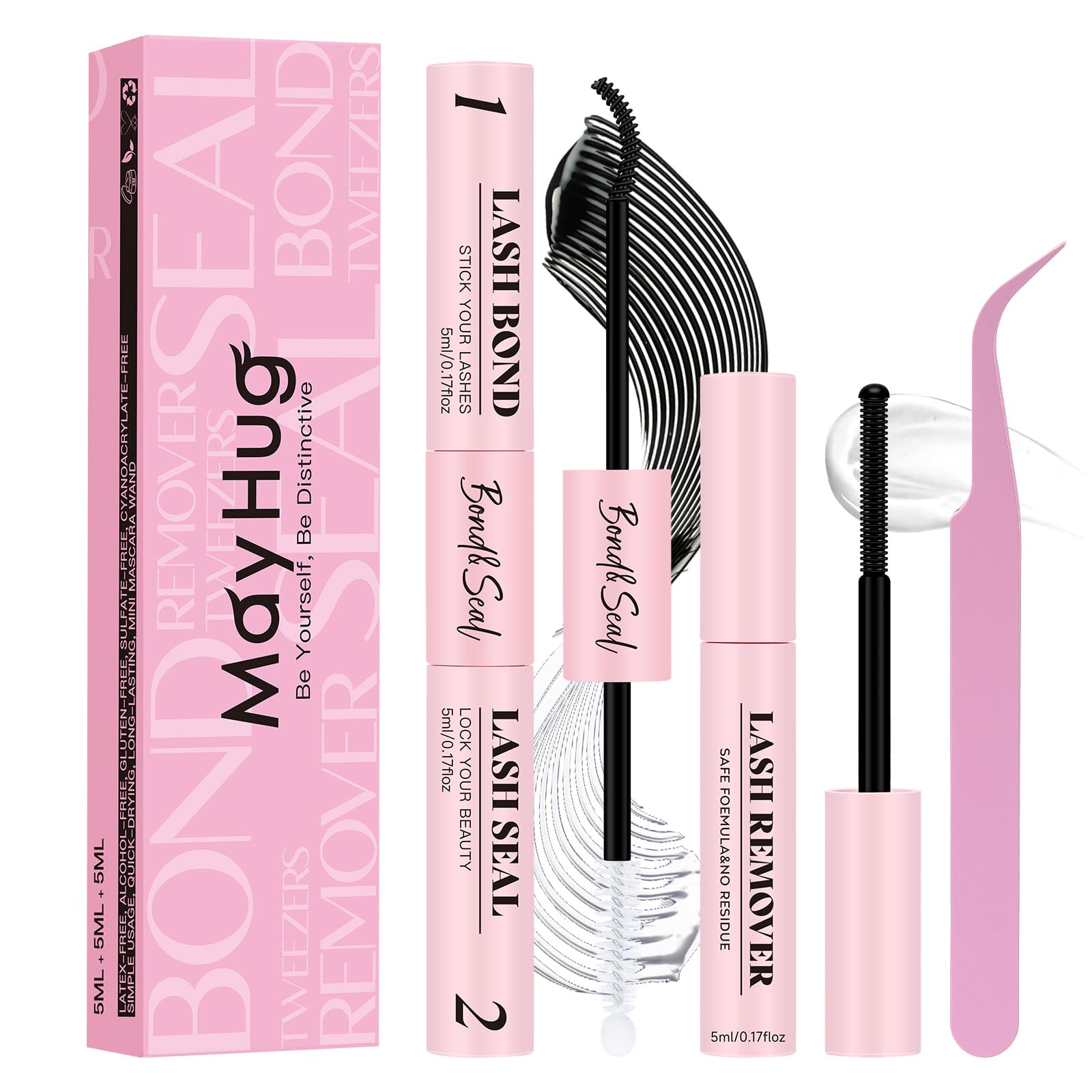 Mayhug lash cluster kit contents shown for at-home DIY lash extensions.