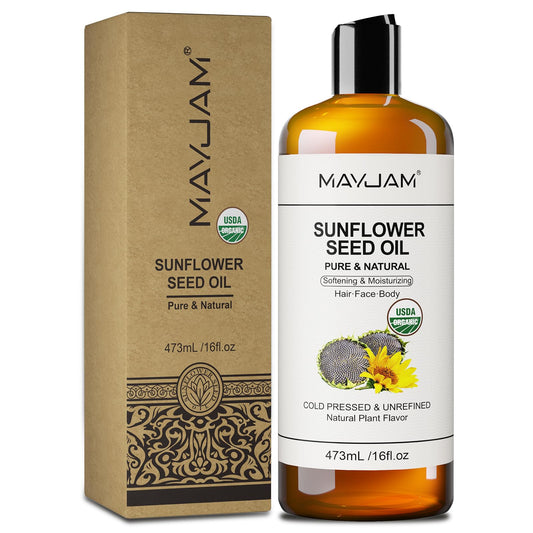MAYJAM Organic Sunflower Seed Oil 16oz bottle on shelf for skin and hair care options.